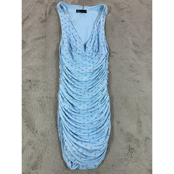 NWT Zara Light Blue Polka‎ Dot Sleeveless Ruched Bodycon Mini Dress size M Y2K - Picture 11 of 11